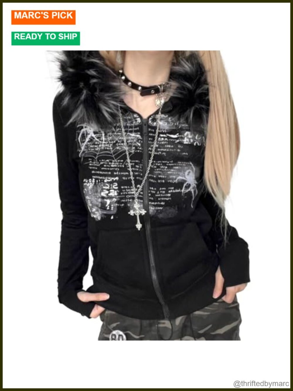 Y2K Grunge Faux Fur Zip Up Hoodie for Women Gothic Punk Graphic Long Sleeve